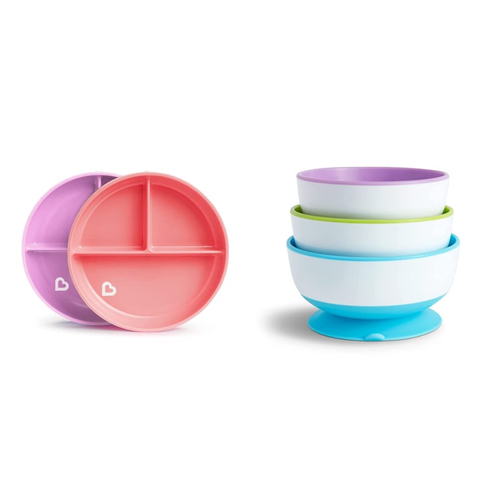 Munchkin Stay Put Baby Geteiltes Teller Set | Baby & Kleinkind Teller mit Fächern für Beikosteinführung | Saugnapfteller für Kinder ab 6 Monaten | BPA-frei | 2er Pack | Blau/Grün