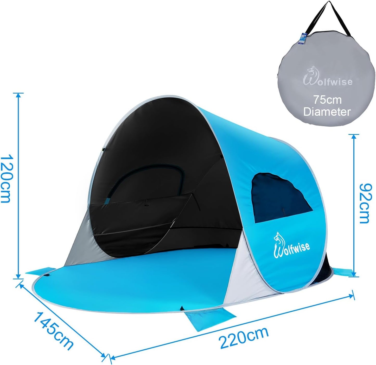 WolfWise Strandmuschel Pop-Up Zelt mit UV-Schutz 50+, 3-4 Personen Strandzelt