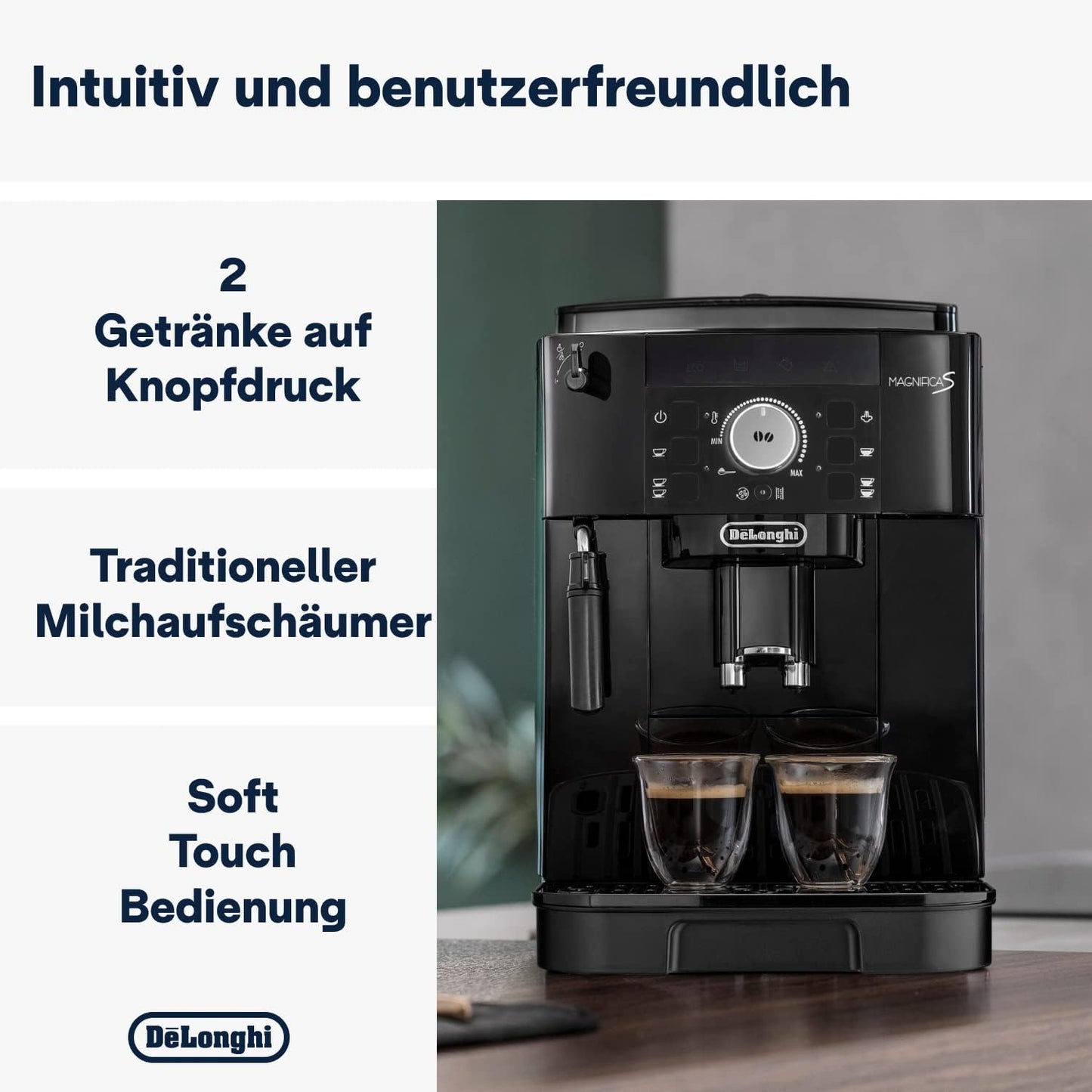 De'Longhi Magnifica Start ECAM222.60.BG, Kaffeevollautomat mit LatteCrema-Milchsystem für Automatischen Cappuccino, 4-Direktwahl-Tasten, Soft-Touch-Bedienfeld, "x2"-Funktion, 1450W, Schwarz/Grau