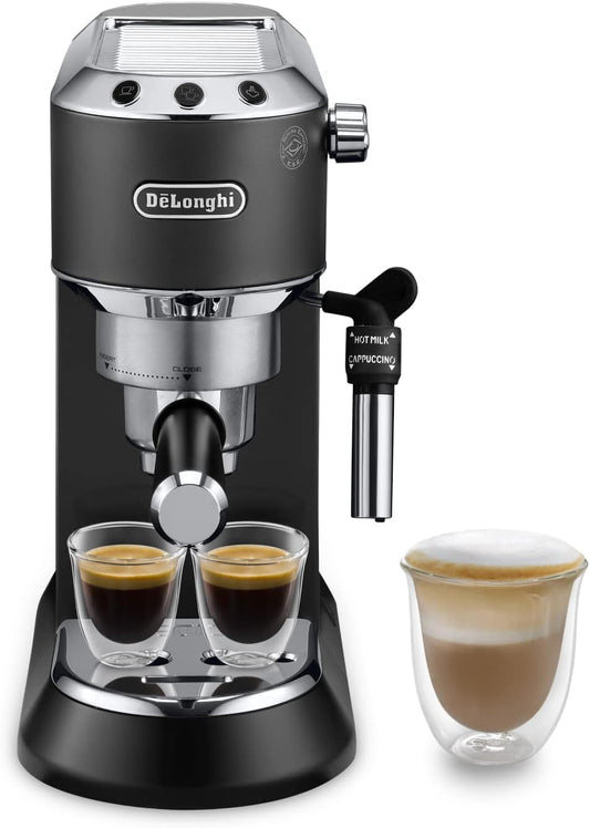 De'Longhi Dedica Style EC 685.B – Espresso Siebträgermaschine, Espressomaschine mit professionellem Milchaufschäumer, nur 15 cm breit, für Kaffeepulver oder ESE Pads, 1 l Wassertank, schwarz