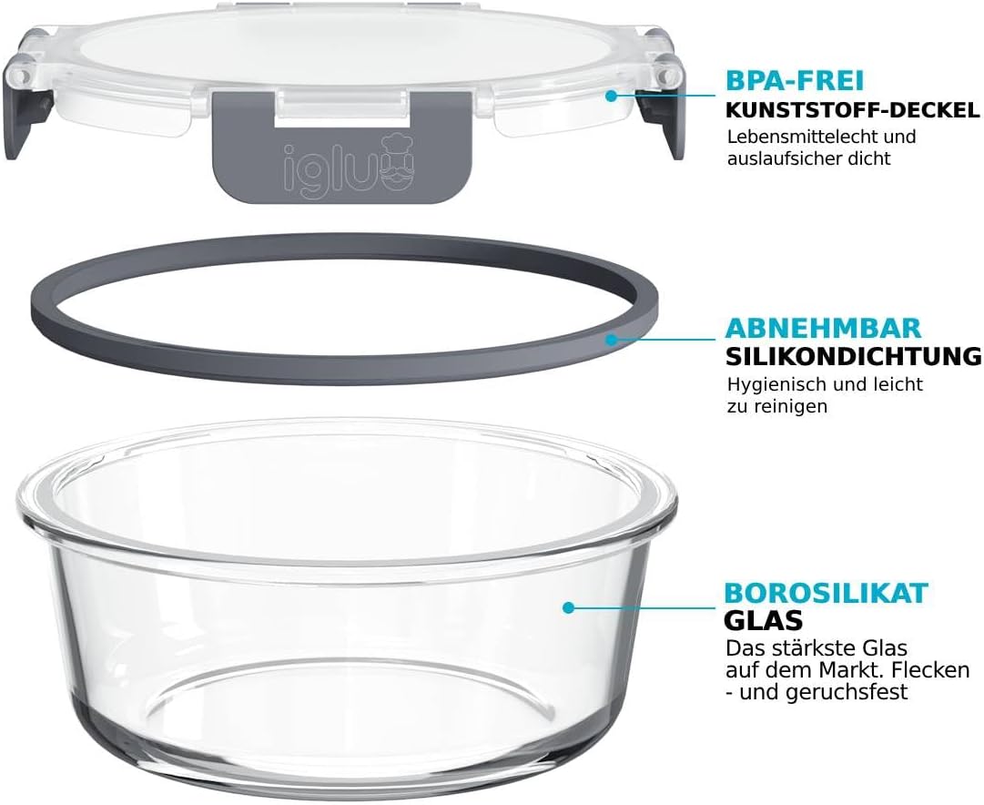 Igluu Meal Prep Glas Lebensmittel Frischhaltedosen 10 Stück, Lebensmittelbehälter mit Schnappverschluss & auslaufsichern Deckel Mikrowellen geeignet BPA frei (10 Boxen & 10 Deckel) 1050ml & 370ml