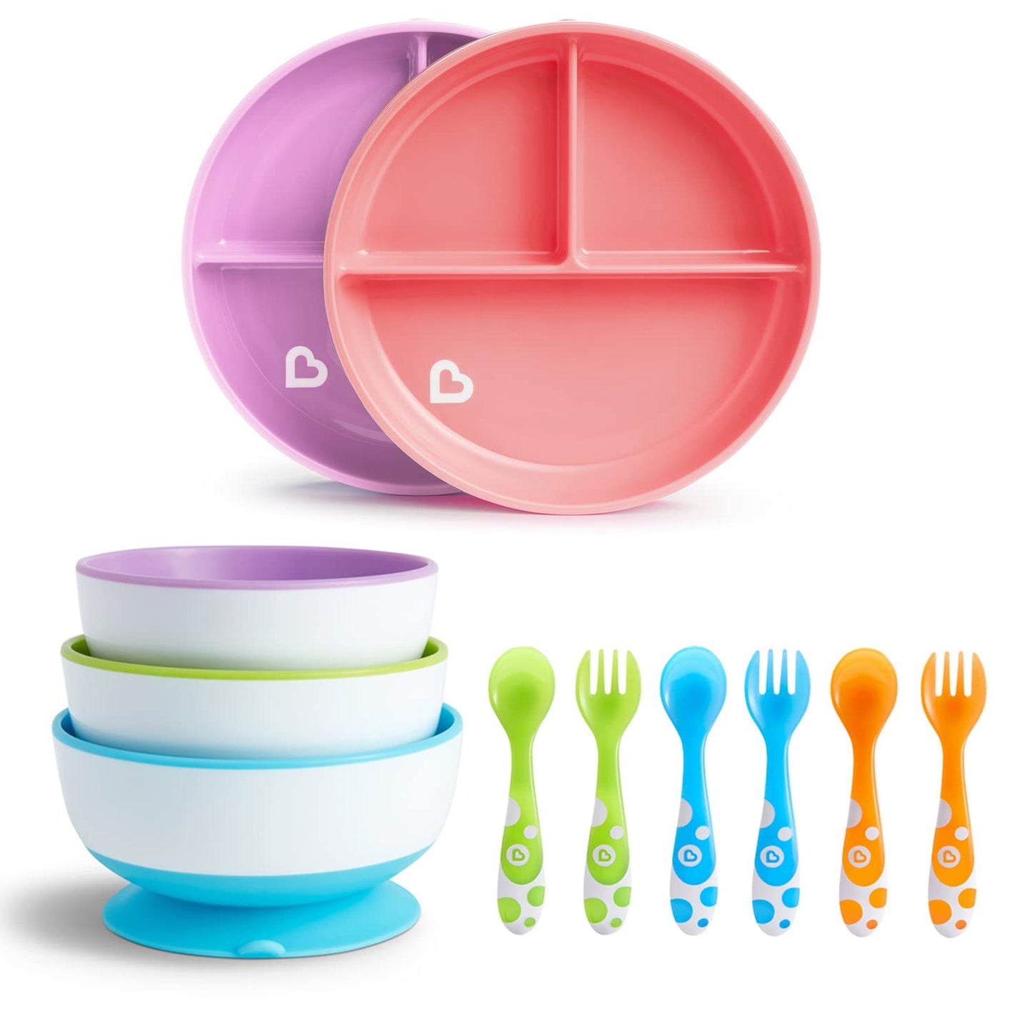 Munchkin Stay Put Baby Geteiltes Teller Set | Baby & Kleinkind Teller mit Fächern für Beikosteinführung | Saugnapfteller für Kinder ab 6 Monaten | BPA-frei | 2er Pack | Blau/Grün