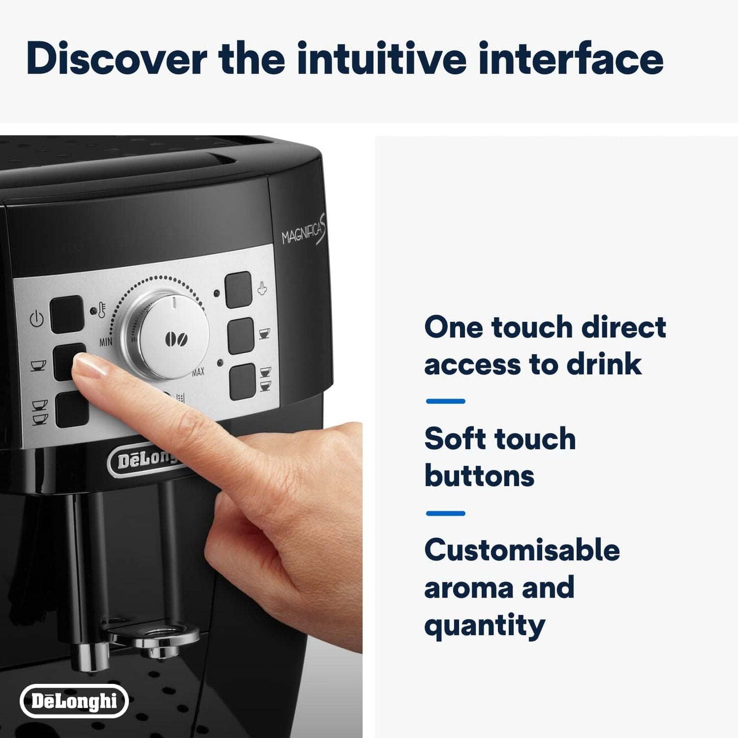 De'Longhi Magnifica Start ECAM222.60.BG, Kaffeevollautomat mit LatteCrema-Milchsystem für Automatischen Cappuccino, 4-Direktwahl-Tasten, Soft-Touch-Bedienfeld, "x2"-Funktion, 1450W, Schwarz/Grau