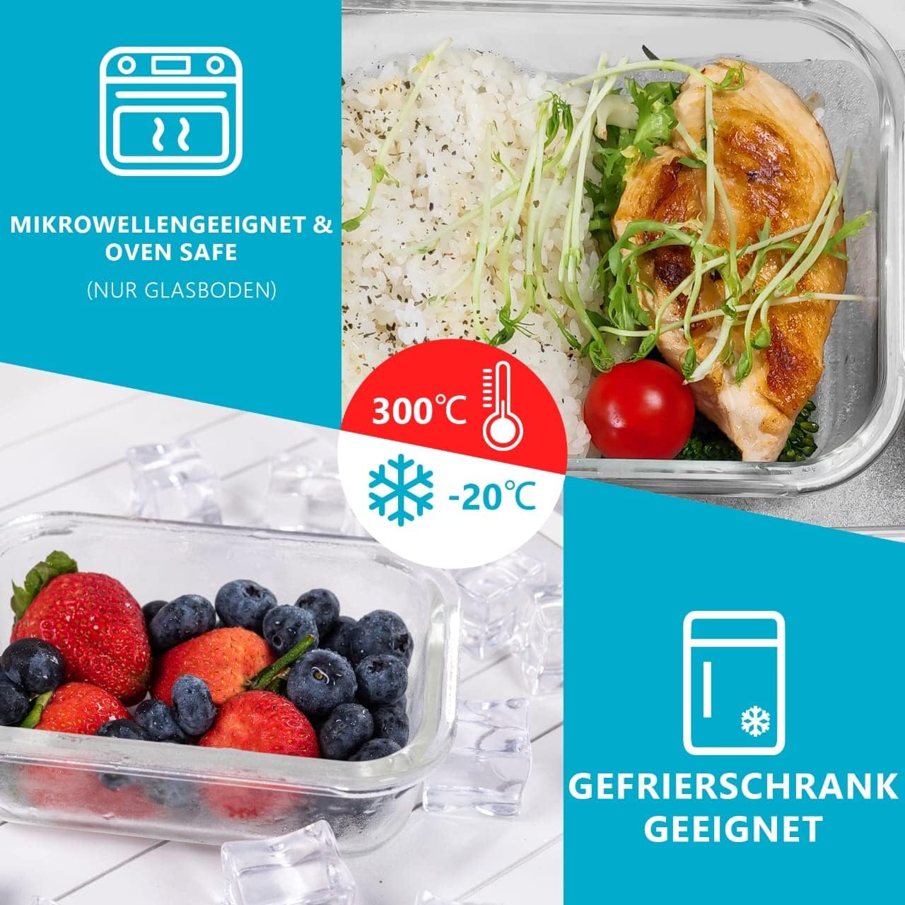 Igluu Meal Prep Glas Lebensmittel Frischhaltedosen 10 Stück, Lebensmittelbehälter mit Schnappverschluss & auslaufsichern Deckel Mikrowellen geeignet BPA frei (10 Boxen & 10 Deckel) 1050ml & 370ml