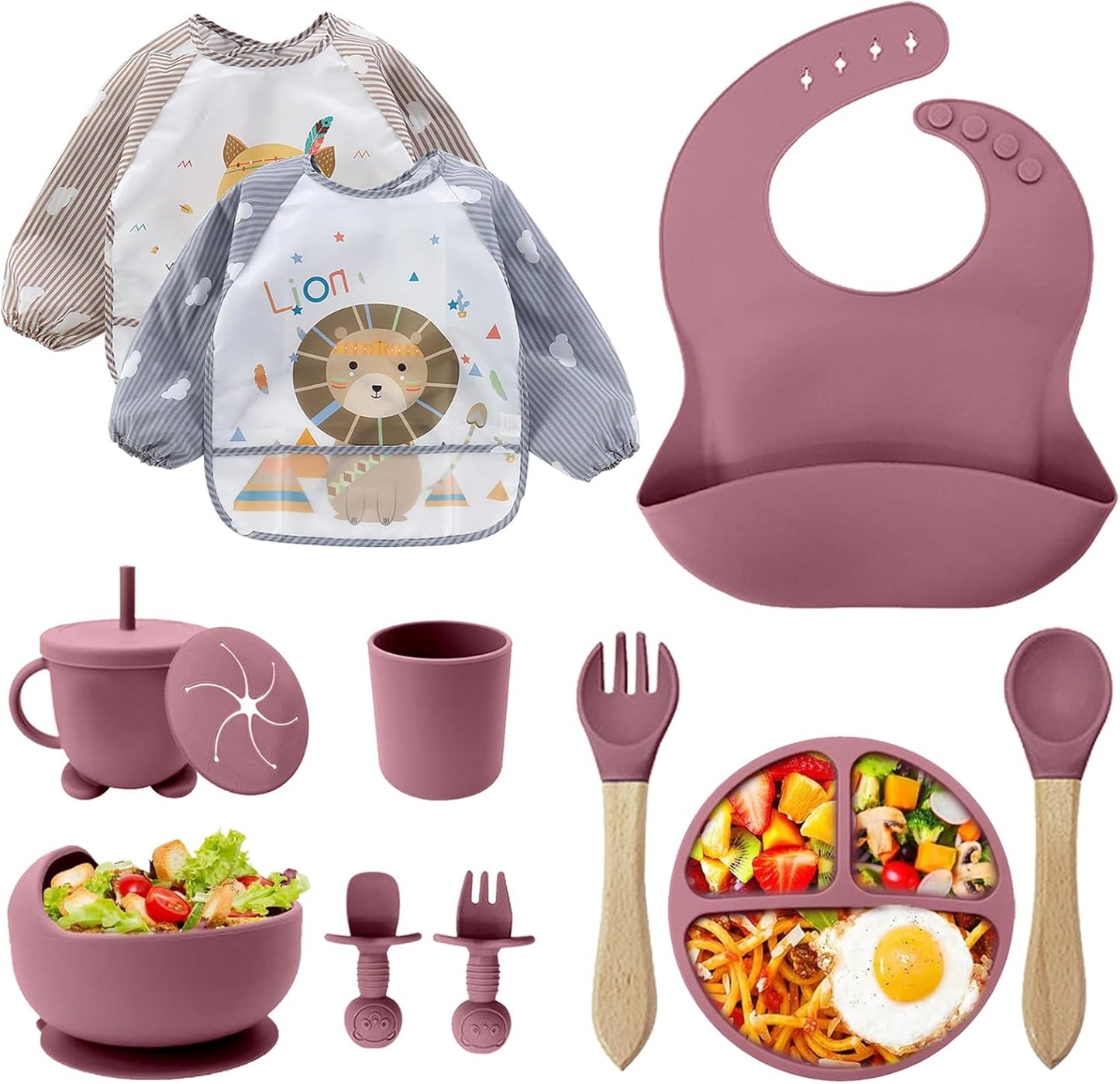 Baby Geschirrset,12er Set Kindergeschirr, Babylöffel,Trinklernbecher,Silikon Lätzchen,Baby Teller Kinderteller mit Saugnapf,Baby Led Weaning Besteck Set, BPA Frei,Spülmaschinen Und Mikrowellen Safe