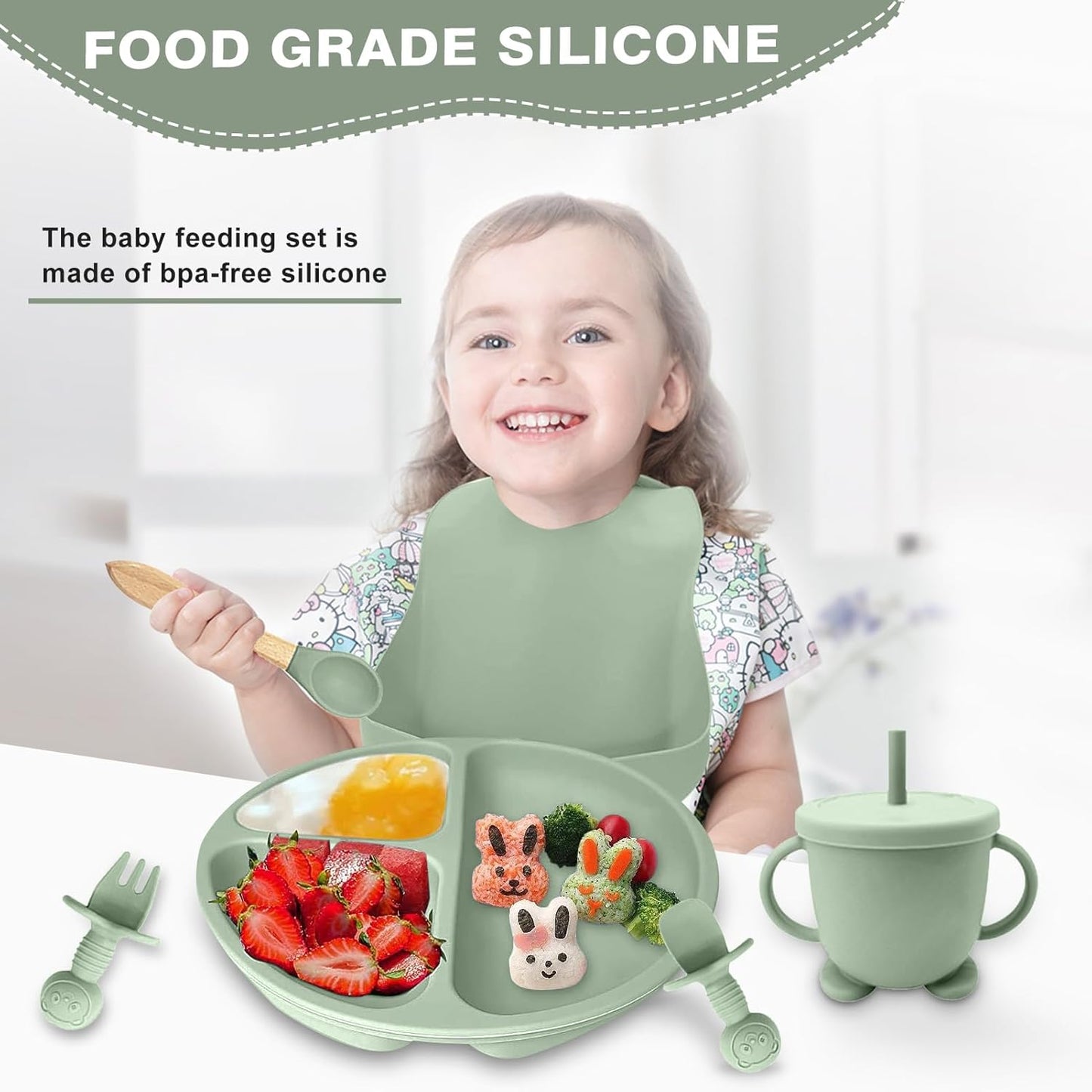 Baby Geschirrset,12er Set Kindergeschirr, Babylöffel,Trinklernbecher,Silikon Lätzchen,Baby Teller Kinderteller mit Saugnapf,Baby Led Weaning Besteck Set, BPA Frei,Spülmaschinen Und Mikrowellen Safe