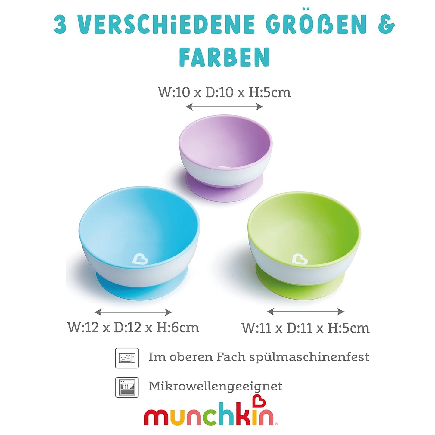 Munchkin Stay Put Baby Saugnapf Schalen Set | Baby Schalen für Beikosteinführung | Saugnapf Essgeschirr Set für Babys & Kleinkinder ab 6 Monaten | BPA-frei Beikost Set | 3er Pack