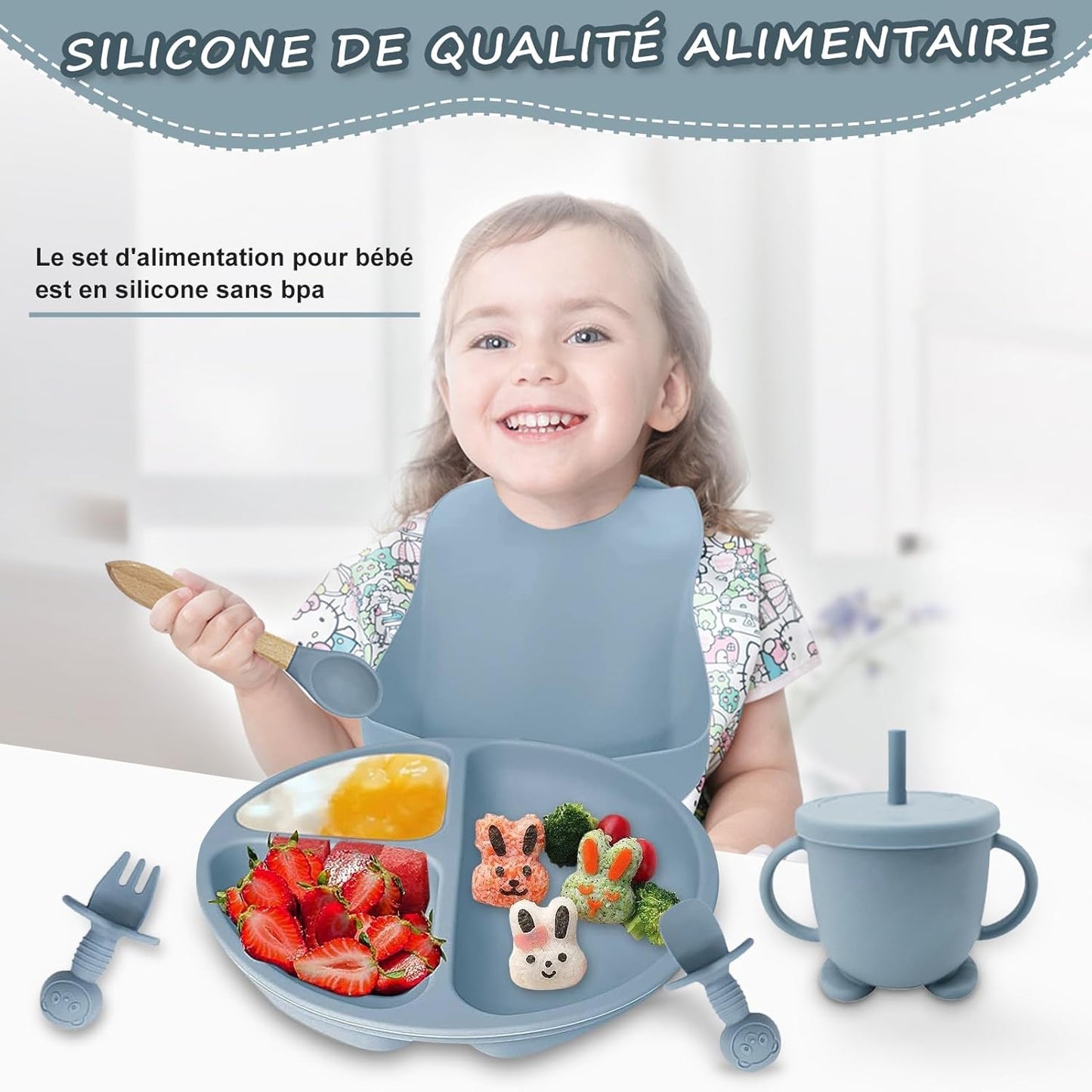 Baby Geschirrset,12er Set Kindergeschirr, Babylöffel,Trinklernbecher,Silikon Lätzchen,Baby Teller Kinderteller mit Saugnapf,Baby Led Weaning Besteck Set, BPA Frei,Spülmaschinen Und Mikrowellen Safe