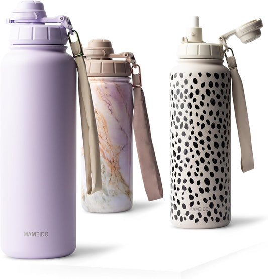 Thermosflasche mit Strohhalm 700ml, auslaufsichere Trinkflasche Edelstahl isoliert, Wasserflasche mit Trageschlaufe, Isolierflasche BPA-frei (Taupe Grey, 0,7l)