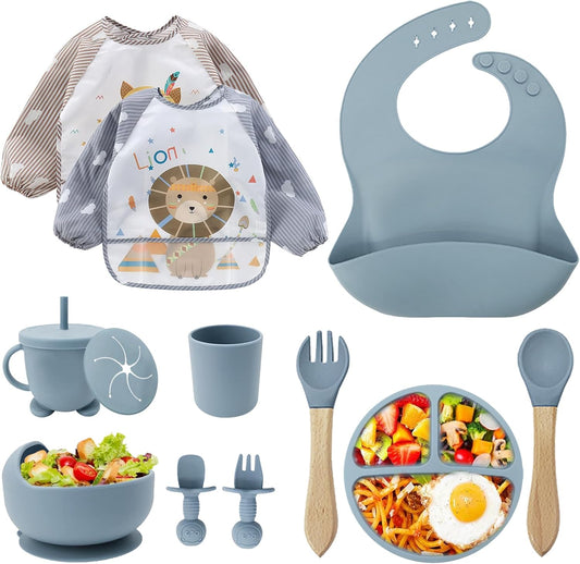 Baby Geschirrset,12er Set Kindergeschirr, Babylöffel,Trinklernbecher,Silikon Lätzchen,Baby Teller Kinderteller mit Saugnapf,Baby Led Weaning Besteck Set, BPA Frei,Spülmaschinen Und Mikrowellen Safe