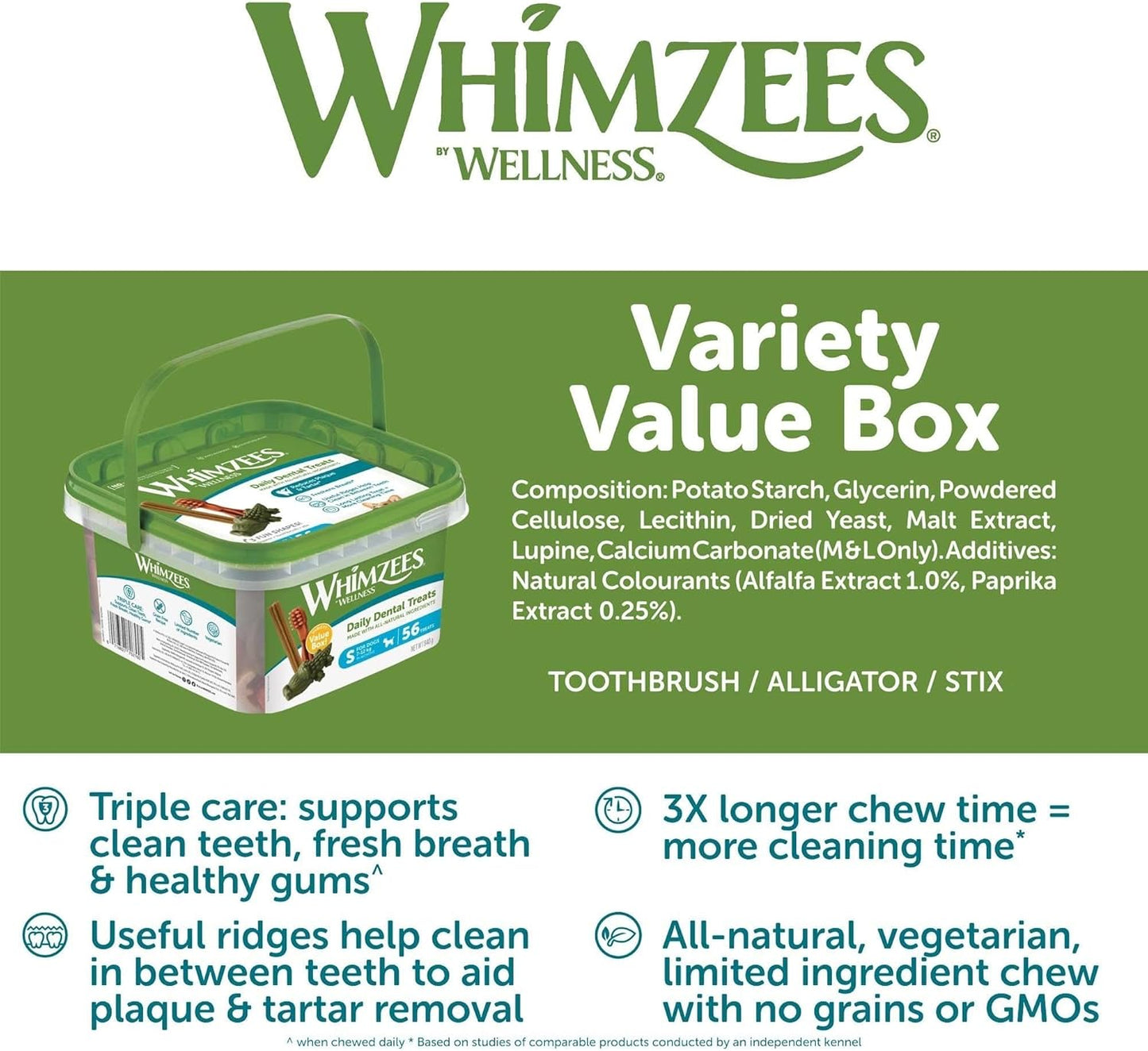 WHIMZEES By Wellness Gemischte Vielfaltsbox, Kaustangen für kleine Hunde zur Zahnpflege, Größe S, 56 Stück, ohne Zuckerzusatz, getreidefrei, natürlich, fettarm