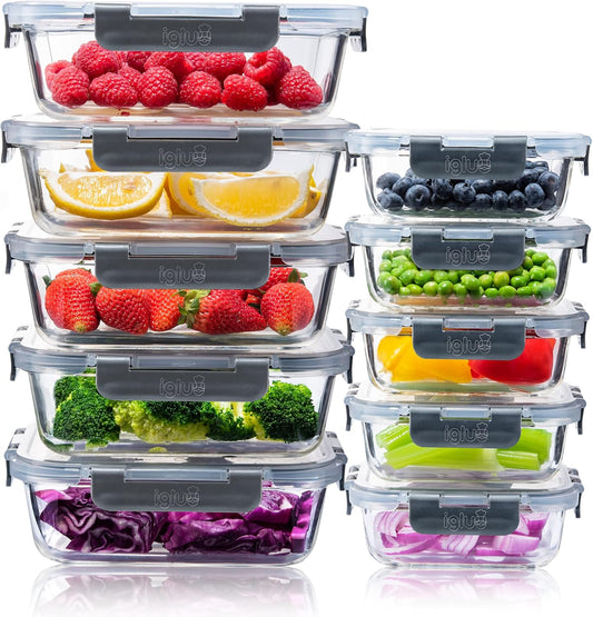 Igluu Meal Prep Glas Lebensmittel Frischhaltedosen 10 Stück, Lebensmittelbehälter mit Schnappverschluss & auslaufsichern Deckel Mikrowellen geeignet BPA frei (10 Boxen & 10 Deckel) 1050ml & 370ml