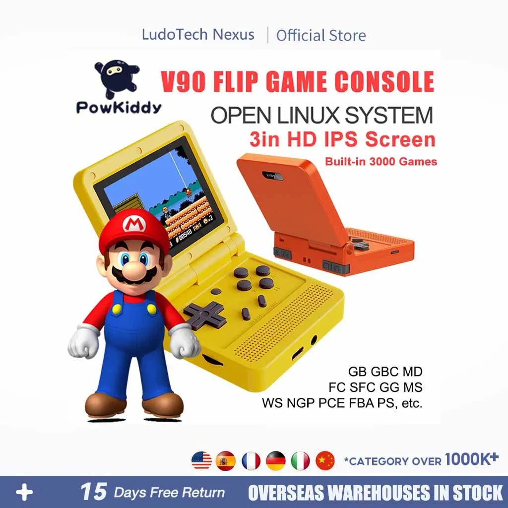 POWKIDDY v90 Schwarze Version 3-Zoll-IPS-Bildschirm Flip-Handheld-Konsole Open System-Spielkonsole 16 Simulatoren PS1 Kindergeschenke