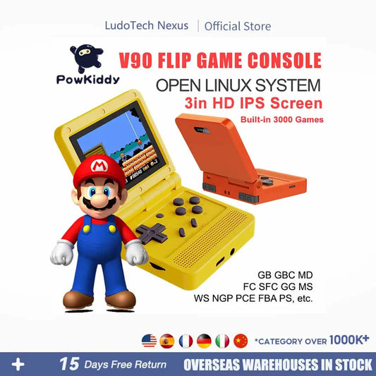 POWKIDDY v90 Schwarze Version 3-Zoll-IPS-Bildschirm Flip-Handheld-Konsole Open System-Spielkonsole 16 Simulatoren PS1 Kindergeschenke