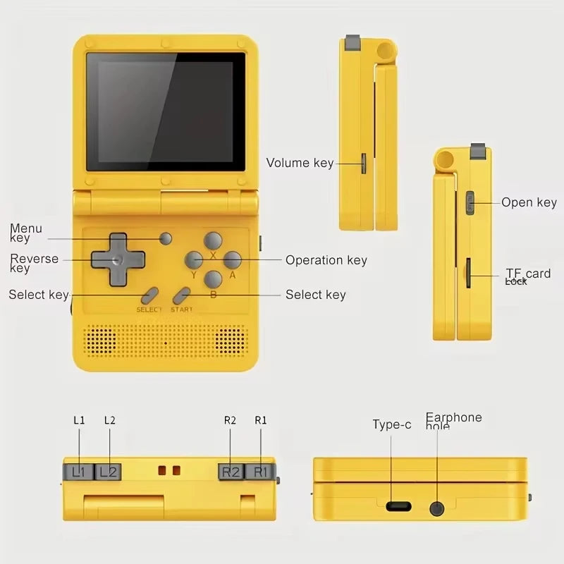 POWKIDDY v90 Schwarze Version 3-Zoll-IPS-Bildschirm Flip-Handheld-Konsole Open System-Spielkonsole 16 Simulatoren PS1 Kindergeschenke