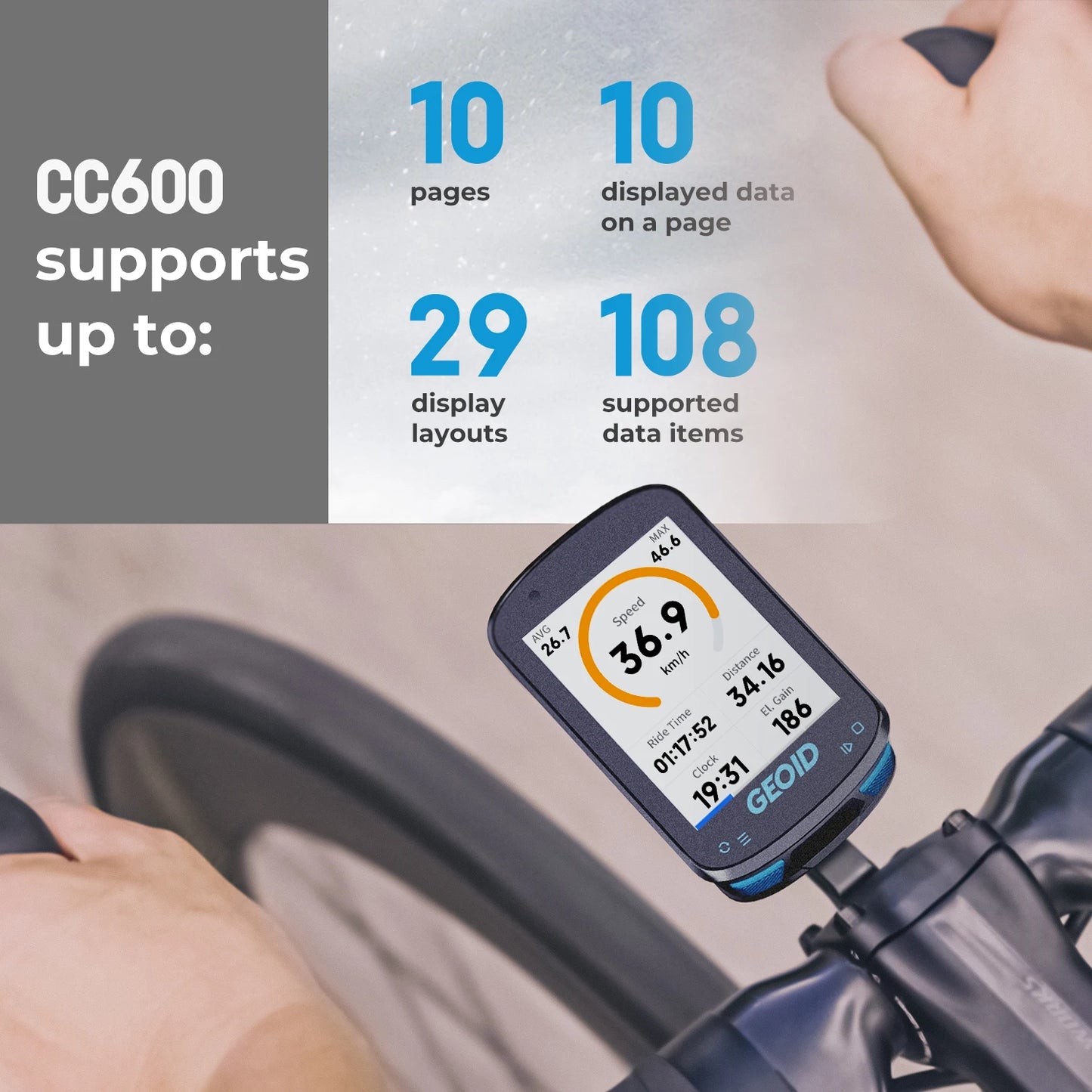 GEOID CC600 Fahrradcomputer Smart GPS Navigation Kabellos ANT+ WIFI Fahrrad-Tachometer IPX7 Wasserdicht Farb-Touchscreen Kilometerzähler