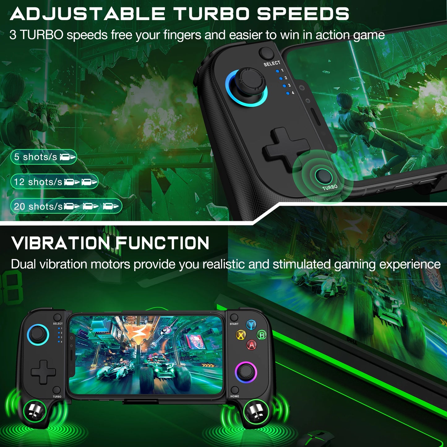 DinoFire Handy-Gamepad Joystick für iPhone und Android, Bluetooth-Controller mit Trigger und Halleffekt-Stick, mobiles Spielsteuergerät