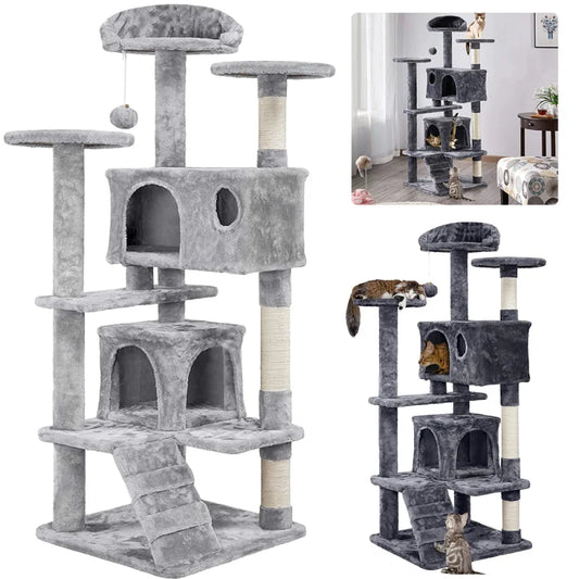 Mehrstöckiger Katzenbaum mit Kratzpfosten – Kletterturm, Sprungspielzeug, Gemütliches Katzenhaus mit Aussichtsplatz – Robuste Katzenspielmöbel