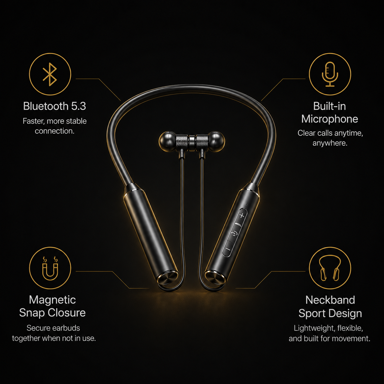 Neckband Wireless Earphones — Bluetooth 5.3, Built-in Mic & Magnetic Sport Design